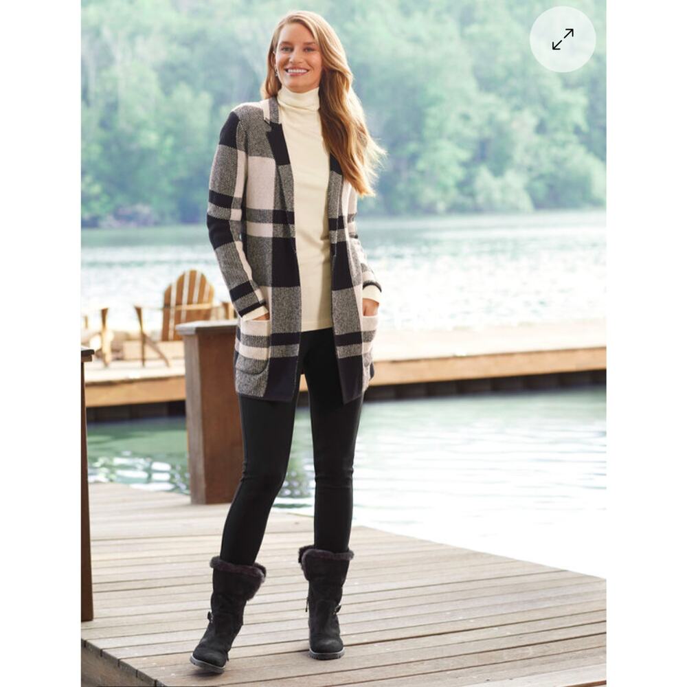 Talbots Plaid Cotton Blend Sweater Jacket, black and white, XL.